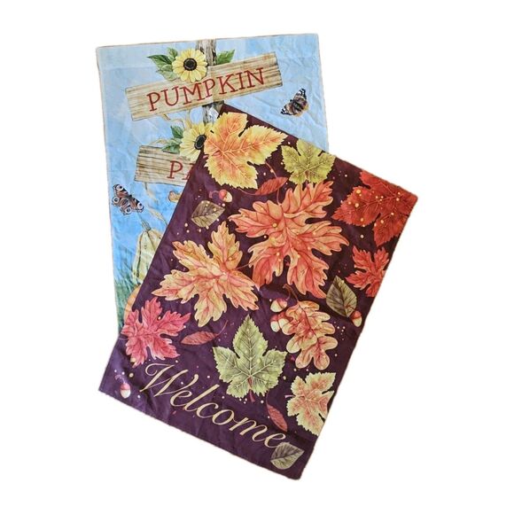 Fall Large House Flags 40x28" Welcome, Pumpkin Patch ,Floral Leaves, Set Of 2 - Picture 1 of 11
